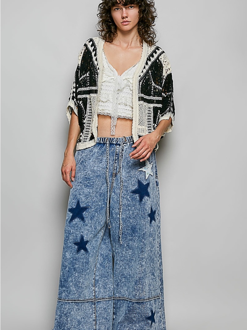 111. POL black and cream crochet cardigan